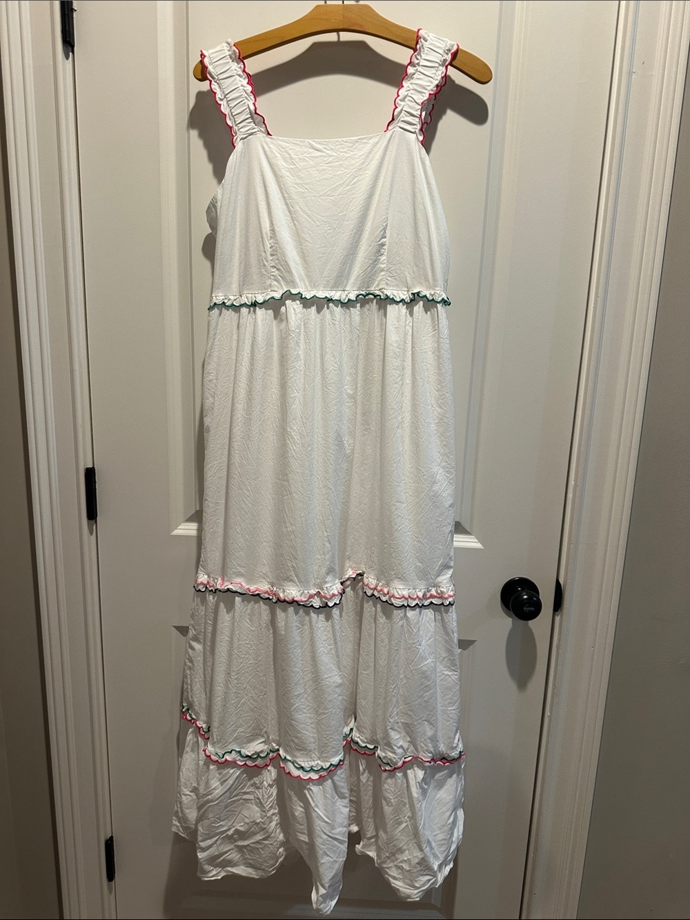 LOFT White Tiered women’s maxi dress with Pink & Green Ruffle Trim